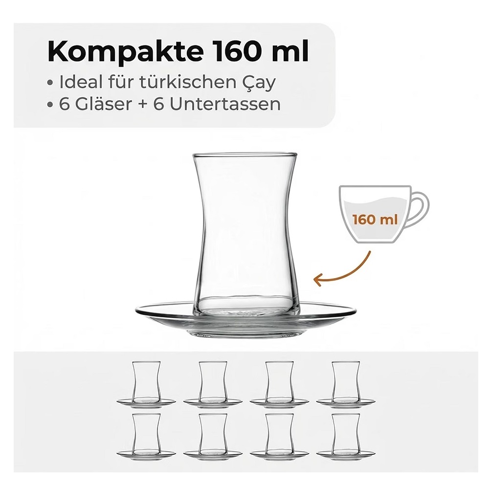 Der-Porzellan-Laden by Pasabahce Heybeli Teeglas mit Untertasse 160 ml 6er Set