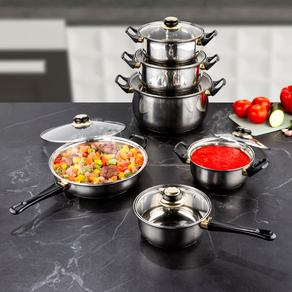 Haushalt International Kochtopf-Set 12tlg. aus Edelstahl mit Glasdeckel