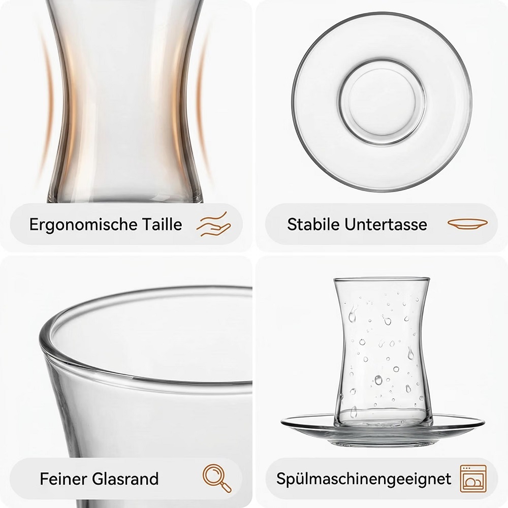 Der-Porzellan-Laden by Pasabahce Heybeli Teeglas mit Untertasse 160 ml 6er Set